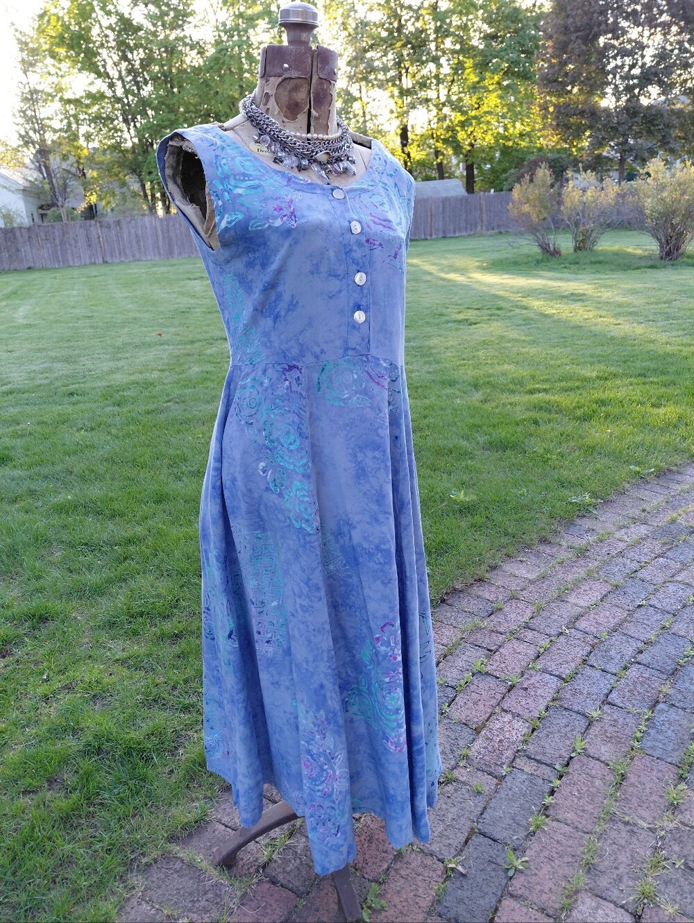 Vintage 90s blue pink purple batik maxi boho bohemian dress Womens S